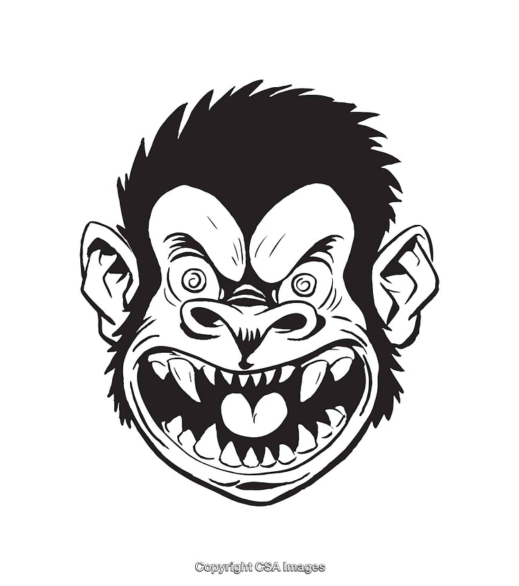 Black and White Line Art Angry Gorilla Head Illustration