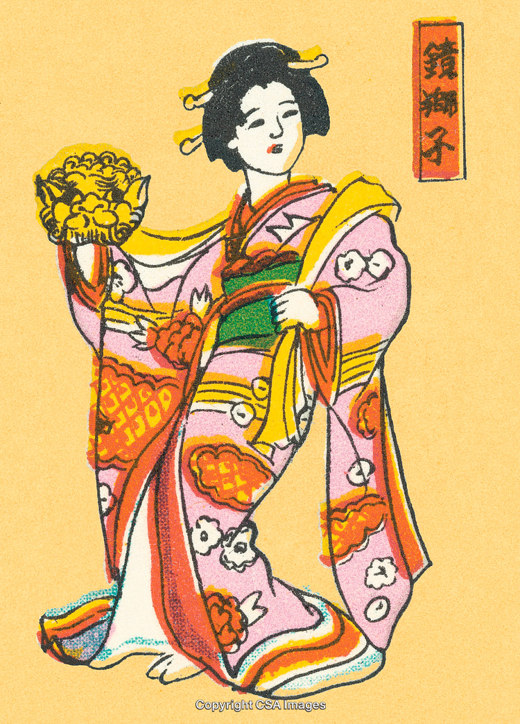 Traditional Japanese Art Illustration of a Woman in Traditional Kimono Attire