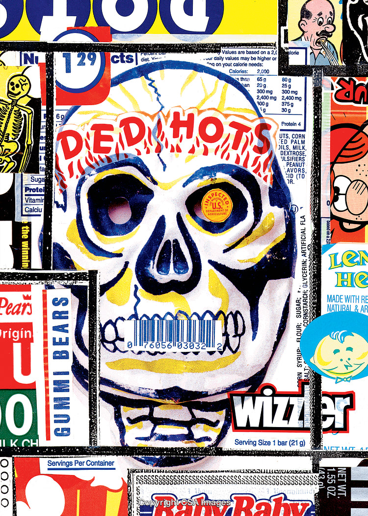 Vibrant Collage Featuring Skull Motif and Retro Advertisements