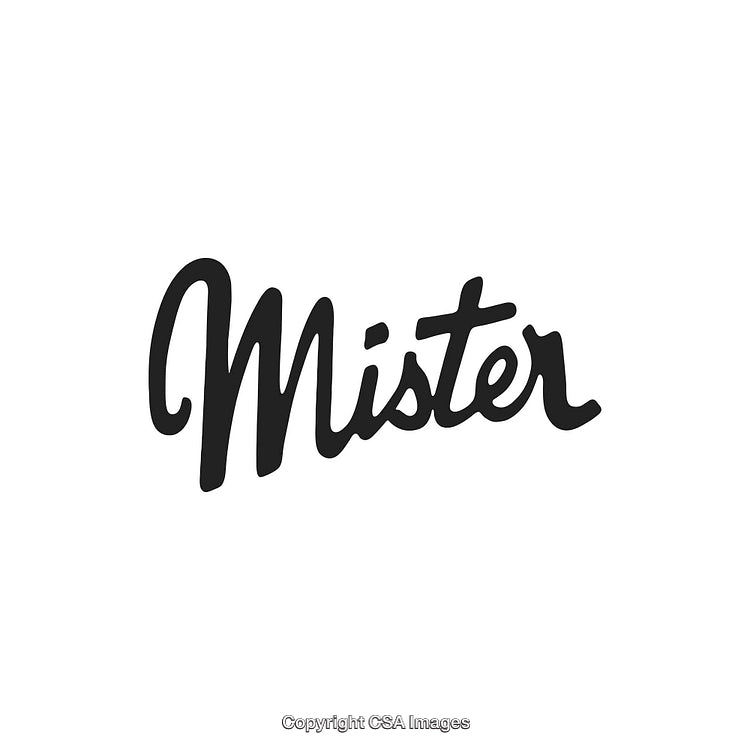 Bold Script Text Logo with the Word Mister in Black on White Background