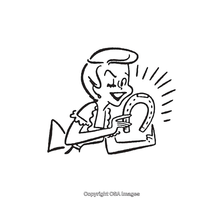 Black and White Illustration of a Person Holding a Lucky Horseshoe