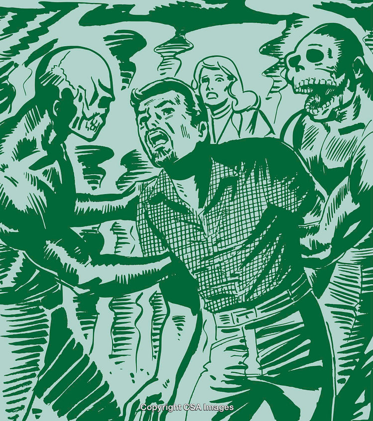 Retro Comic Scene of Intense Encounter With Eerie Figures
