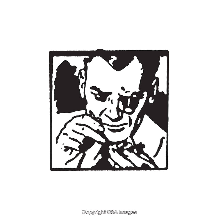 Black and White Line Drawing of Man Examining Object