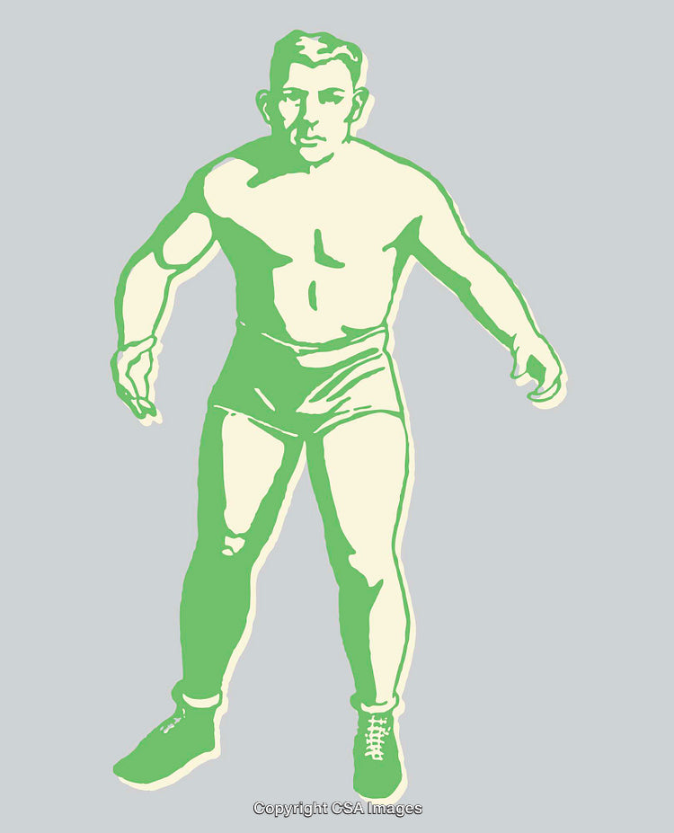Retro Style Green and Beige Wrestler Line Art Illustration on Gray Background