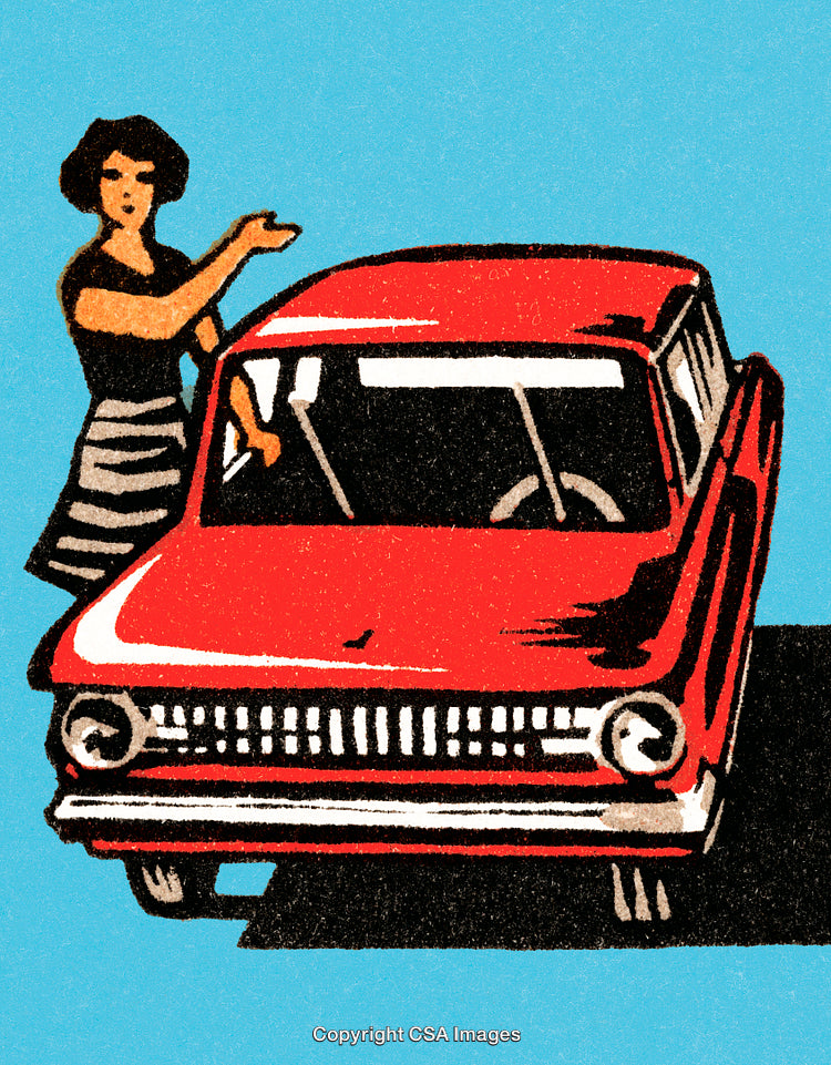 Retro Illustration of a Woman Beside a Red Vintage Car