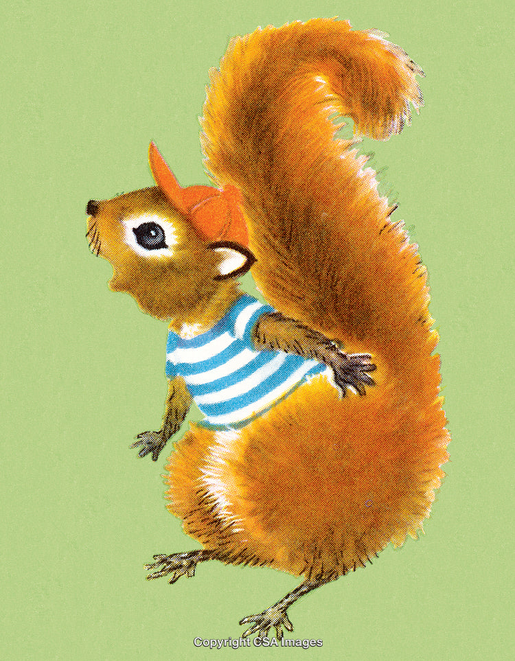 Illustration of a Cute Squirrel Dressed in a Colorful Outfit, Set on Green