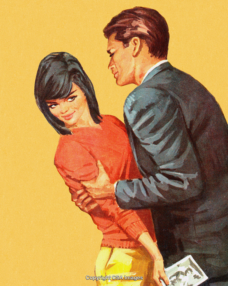 Retro Illustration of a Couple in an Intimate and Playful Interaction