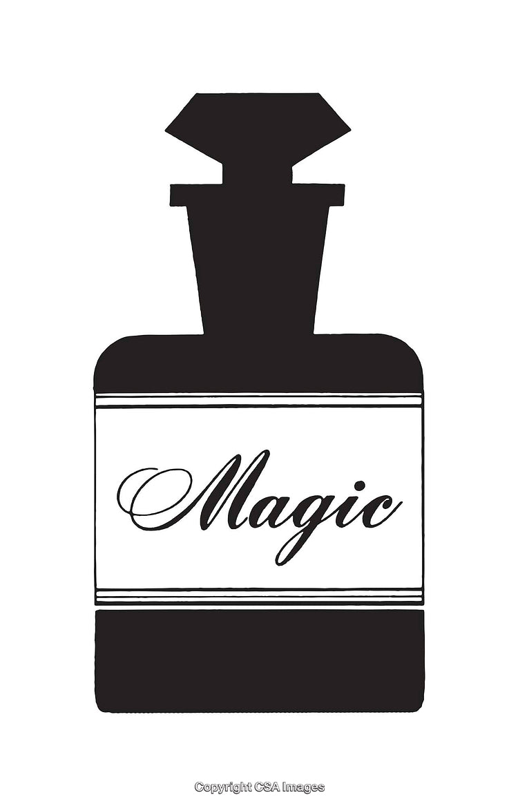 Black and White Illustration of a Vintage Perfume Bottle with Script Text