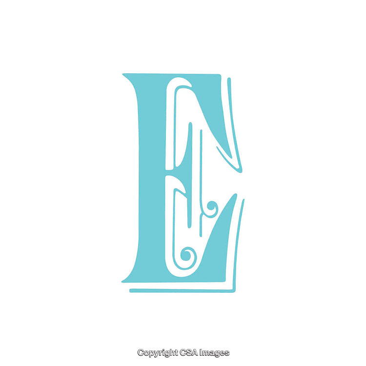 Intricate Blue Letter E with Ornamental Swirl Design on White Background