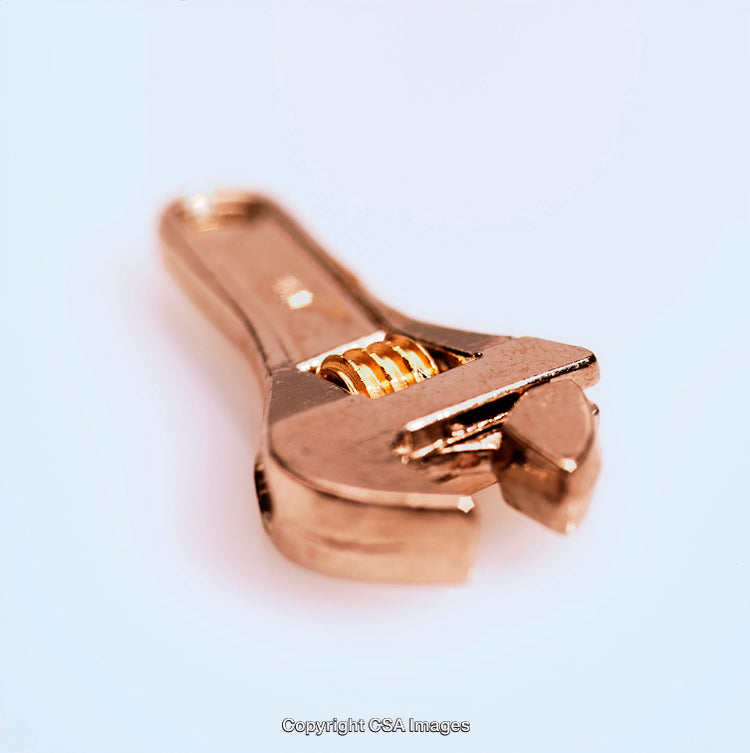 Golden Adjustable Wrench on a Soft White Background