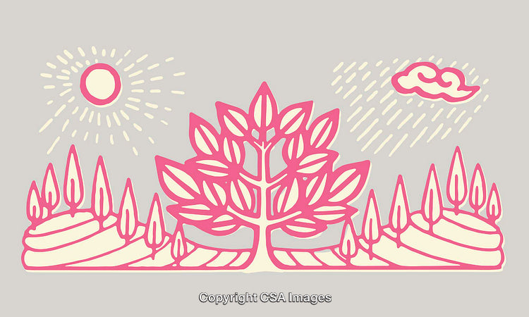 Abstract Nature Illustration Featuring Trees, Sun, and Rain in Stylized Design