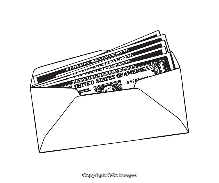 Black and White Line Art Illustration of an Envelope with Dollar Bills