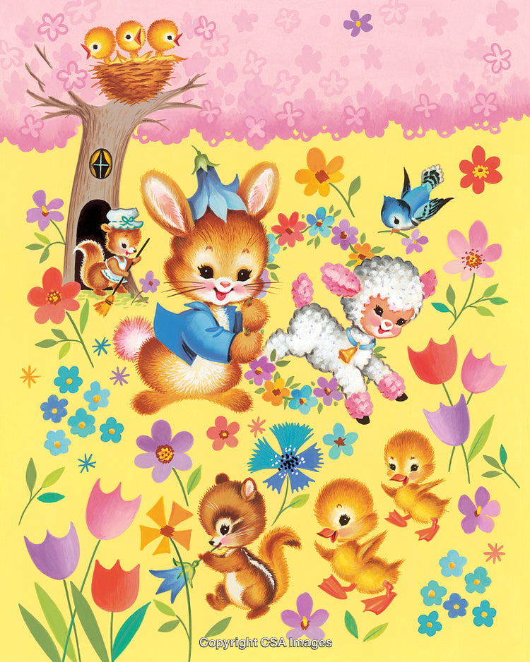Playful Cartoon Animals Enjoying a Beautiful Floral Spring Outdoors Scene