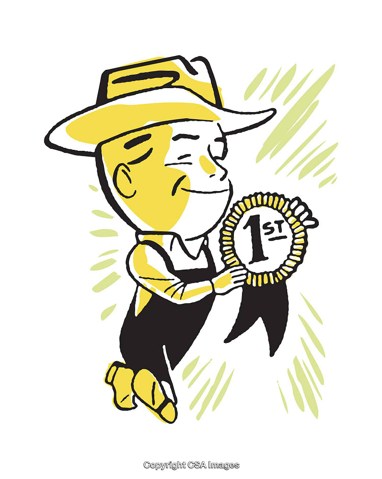 Retro Illustration of a Cheerful Character Holding a First Place Ribbon