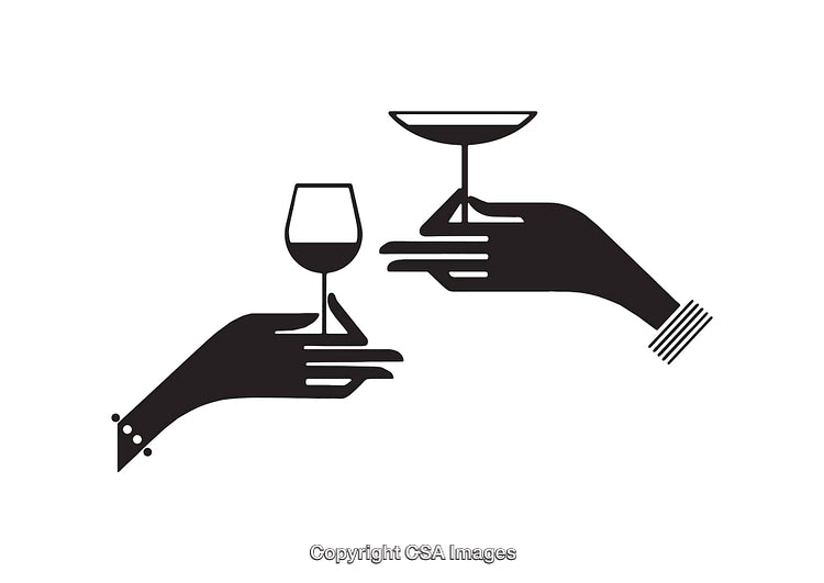 Black and White Illustration of Hands Holding Wine Glasses in a Toast