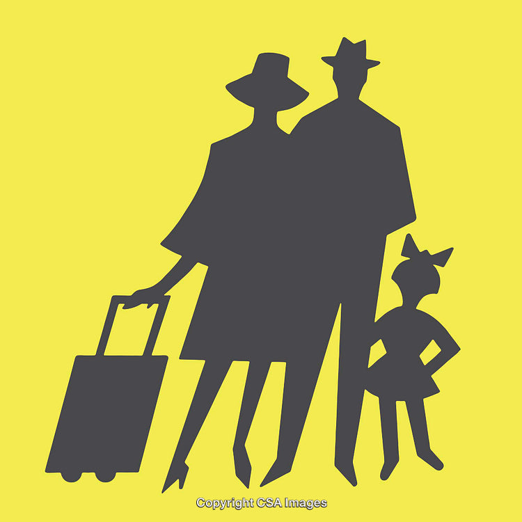 Silhouette of Stylish Family with Luggage on Yellow Background