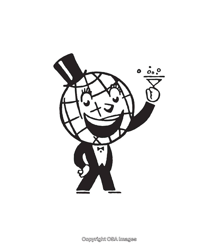 Black and White Line Art of Anthropomorphic Globe Character in Formal Attire