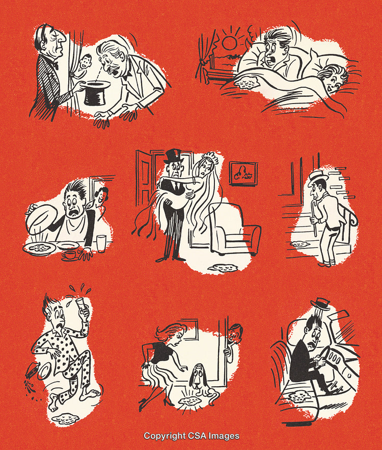 Humorous Vintage Illustration Depicting Diverse Comedic Scenarios