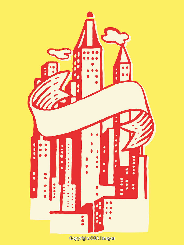 Colorful Cityscape Illustration with Vibrant Colors and Abstract Ribbon
