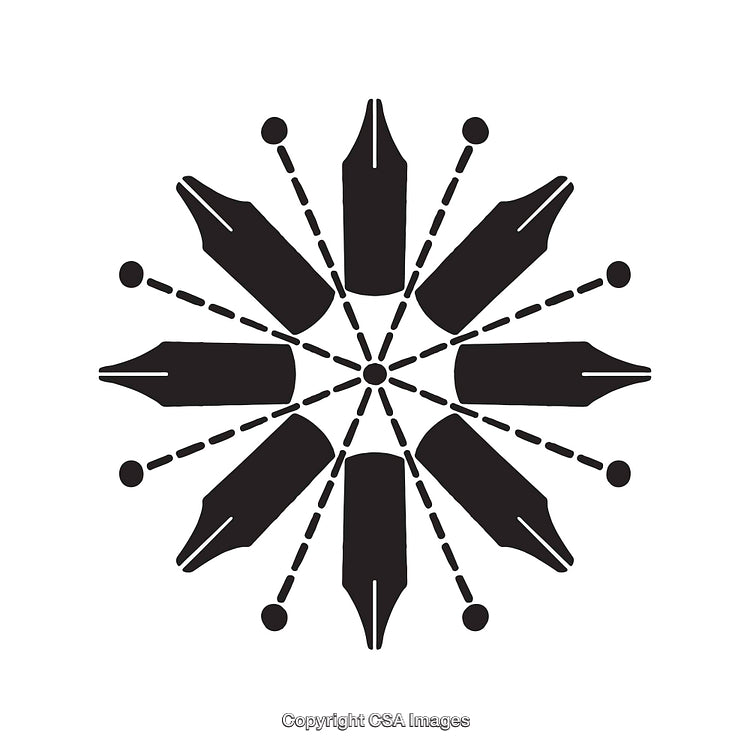 Abstract Fountain Pen Nib Design in Circular Pattern, Black and White Art