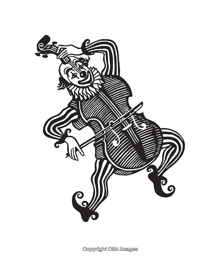 Black and White Vintage Clown Playing Cello Music Illustration