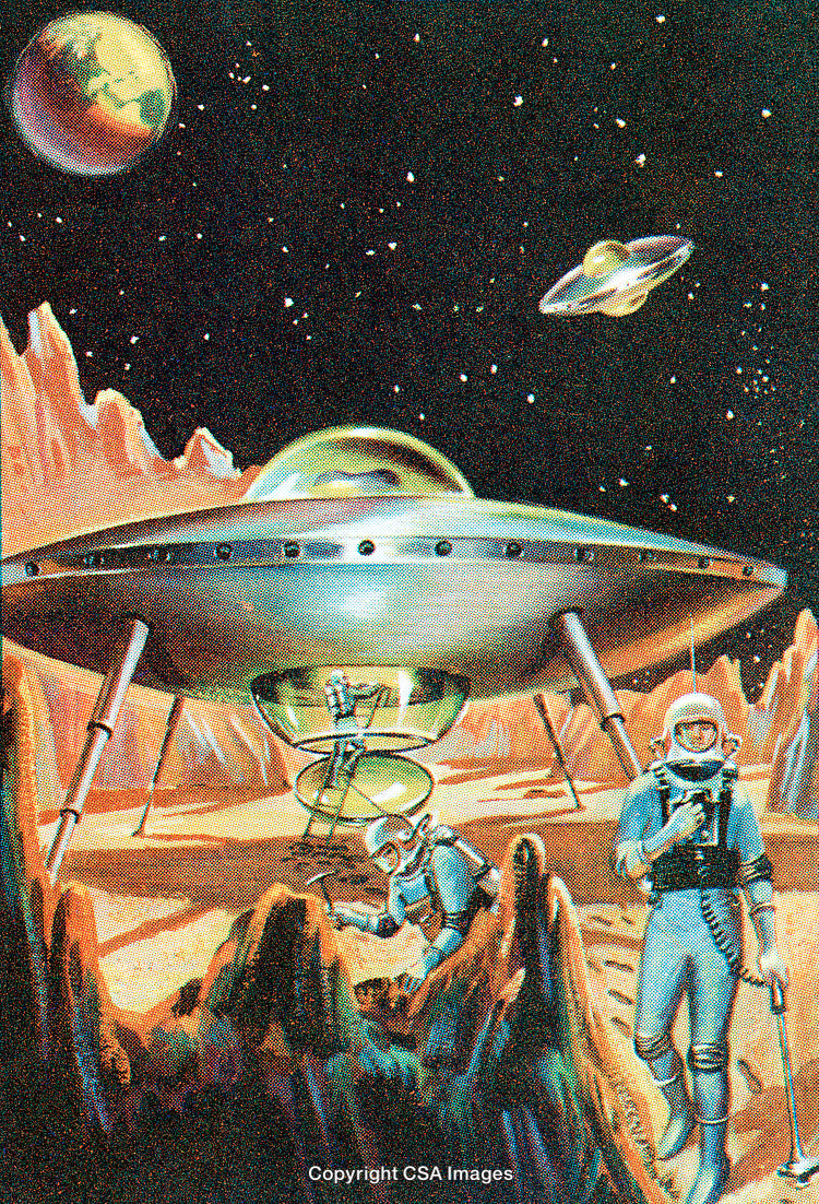 Astronauts Explore Alien Terrain with Futuristic Spaceship and Distant Planets