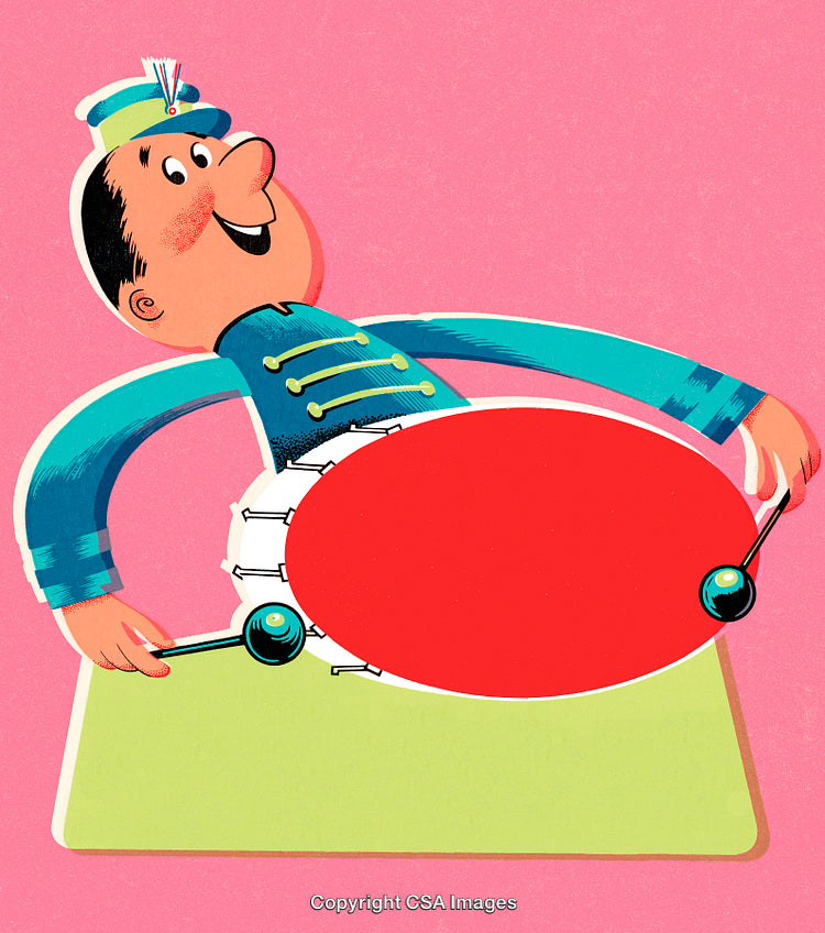 Cheerful Drummer Character in Vibrant Colors on a Pink Background