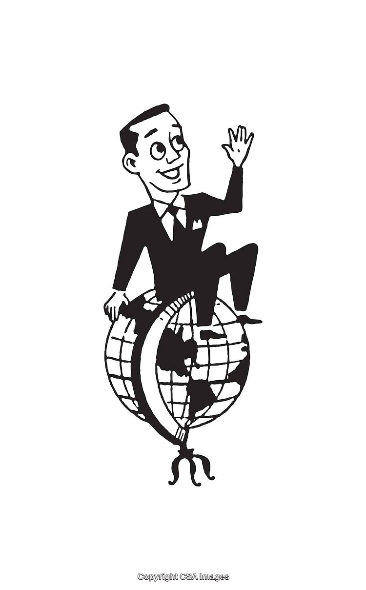 Retro Line Art Illustration of Businessman Sitting on a Globe