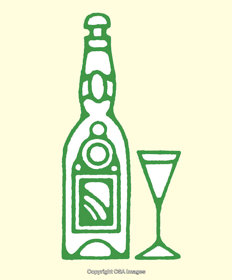 Green Line Art Illustration of a Bottle and Glass on Beige Background