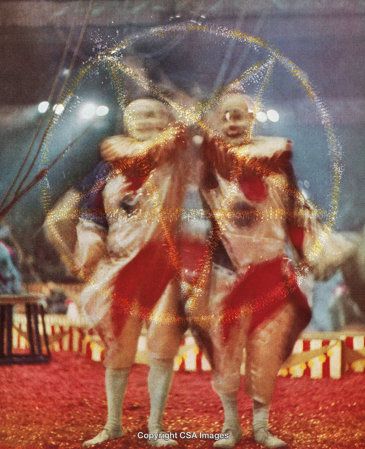 Surreal Image of Clowns Performing in a Dreamlike Circus Atmosphere