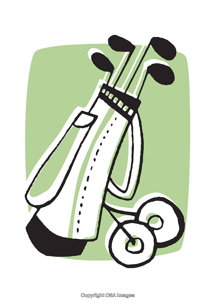 Stylized Illustration of Golf Bag with Clubs and Wheels