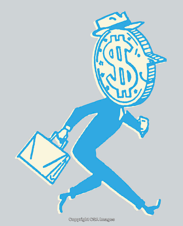 Dollar Sign Cartoon Character Carrying a Briefcase and Smartphone