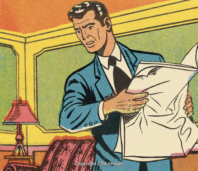 Businessman in Comic Style Holding Newspaper with Concerned Expression