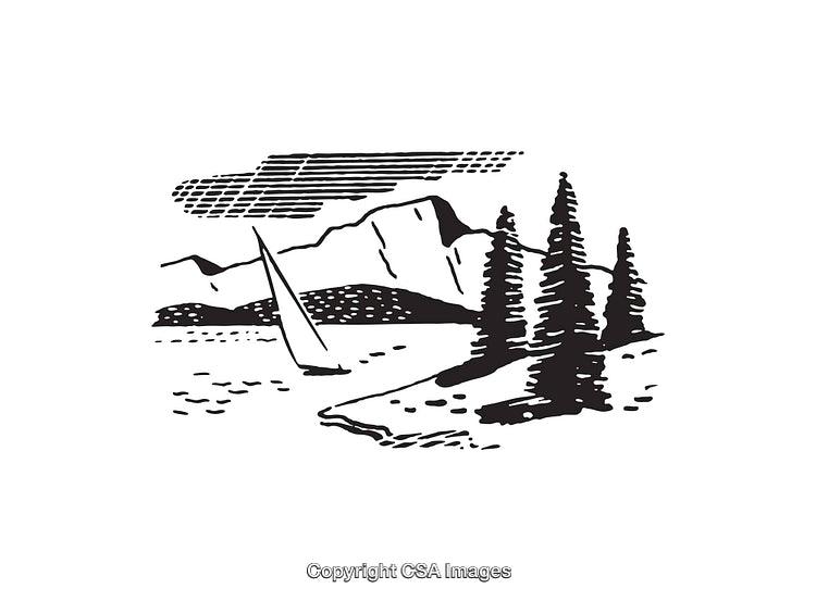 Black and White Scenic Illustration of Mountains, Trees, and a Sailboat