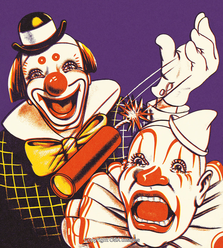 Energetic Illustration of Playful Clowns Featuring Vibrant Colors and Dynamic Expressions