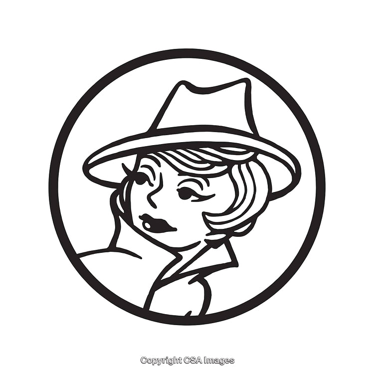 Black and White Line Art Illustration of a Woman in a Hat