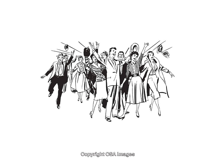 Vintage Line Art of Jubilant People Celebrating in Retro Style