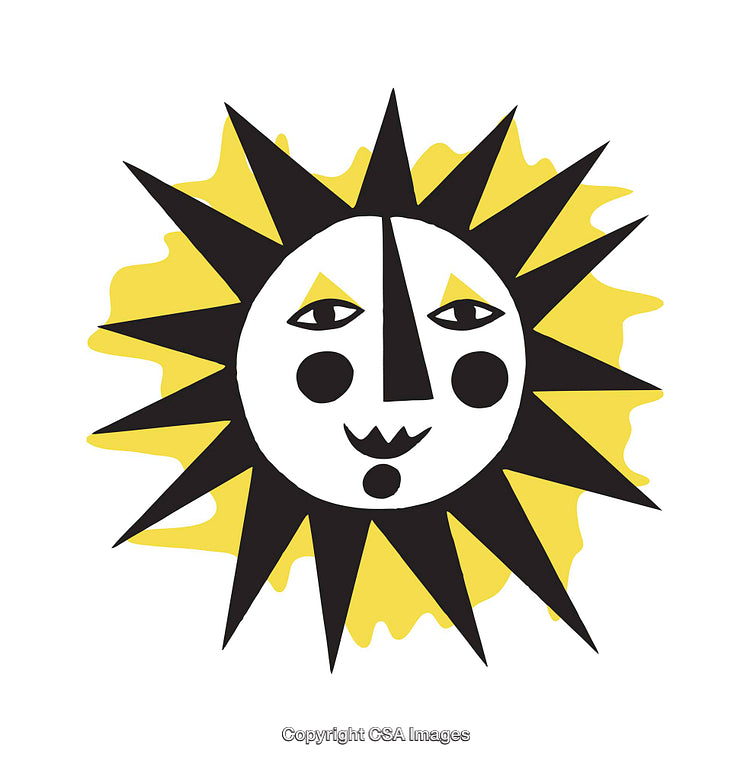 Artistic Symbol of a Sun Face with Black Rays and Yellow Accents
