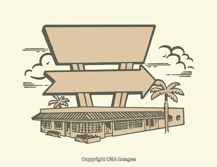 Vintage Line Art Design Featuring a Retro Sign and Building