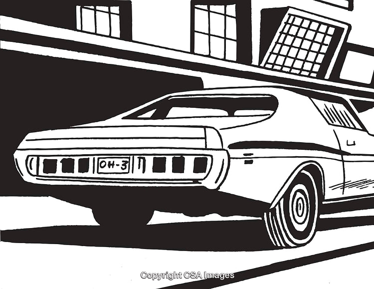 Classic Vintage Car Drawing in Retro Comic Style with Detailed Urban Background