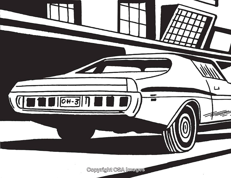 Classic Vintage Car Drawing in Retro Comic Style with Detailed Urban Background