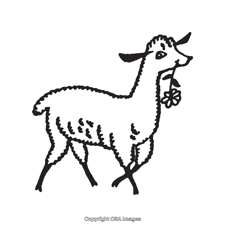 Black And White Illustration of a Goat Holding a Flower in Its Mouth