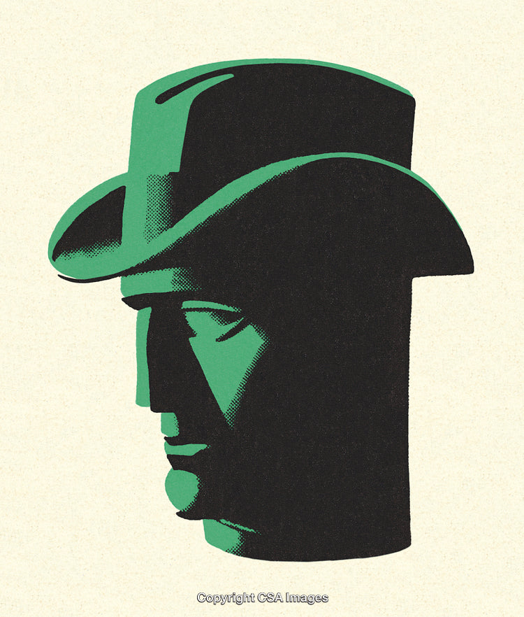 Retro-Styled Illustration of a Cowboy Hat and Face in Green Shades