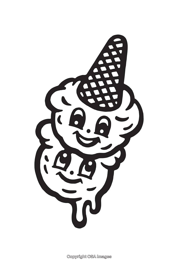 Black and White Line Art of Smiling Ice Cream Characters