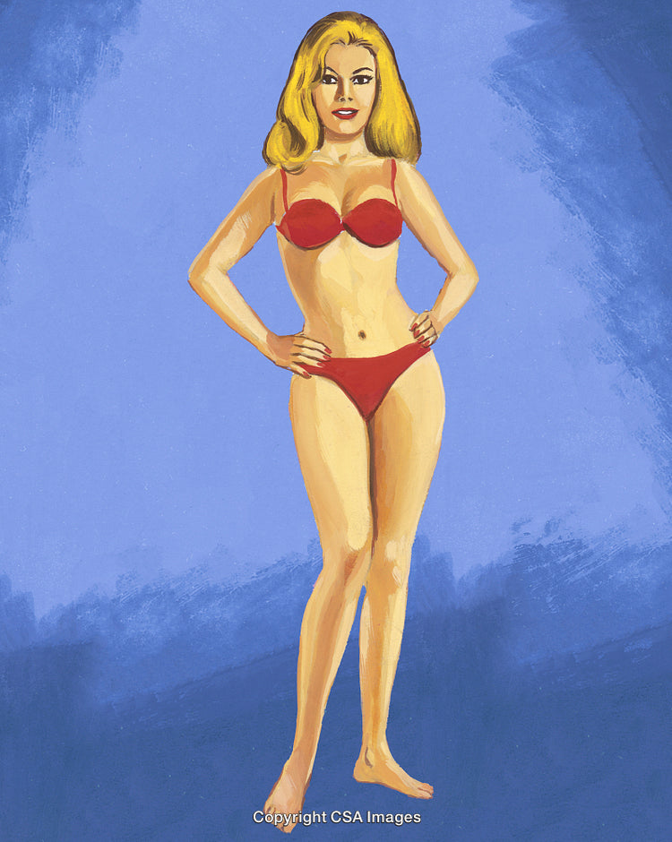 Illustration of Woman in Red Bikini on Textured Blue Background
