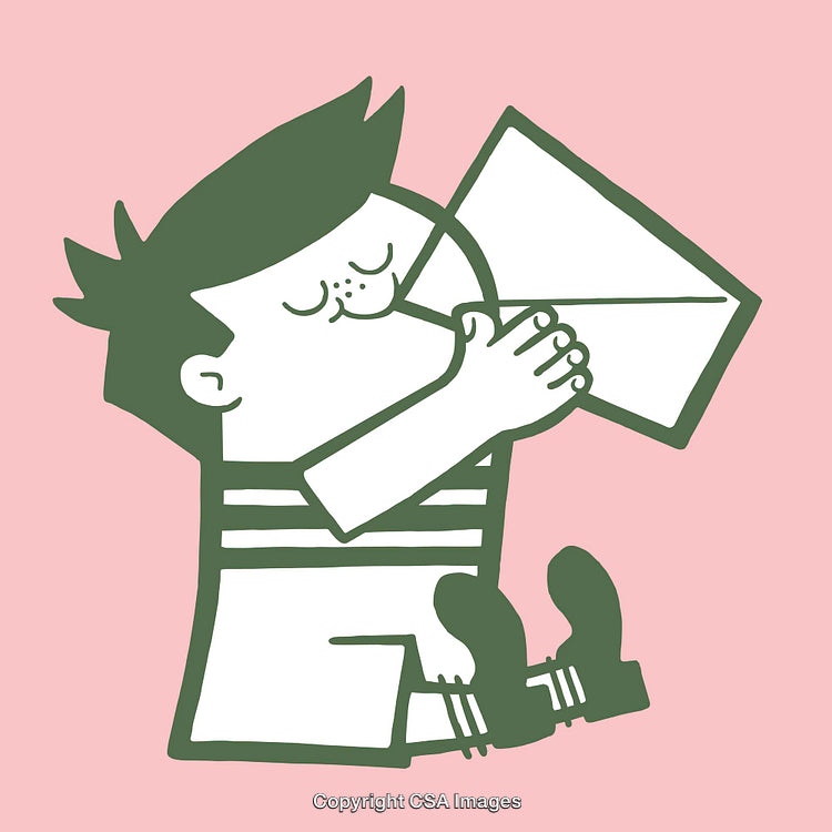 Illustrated Character Blowing Into a Paper Envelope on Pink Background