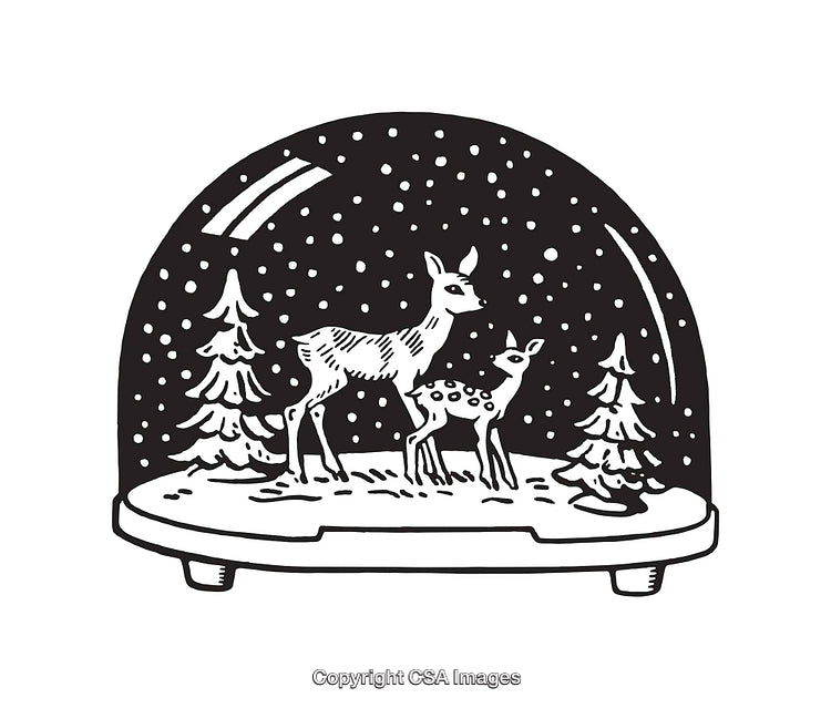Black and White Deer Family in Snowy Globe Line Art Illustration