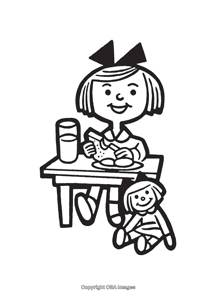 Girl Enjoying Meal With Doll Amid Playful Surroundings in Black and White Illustration