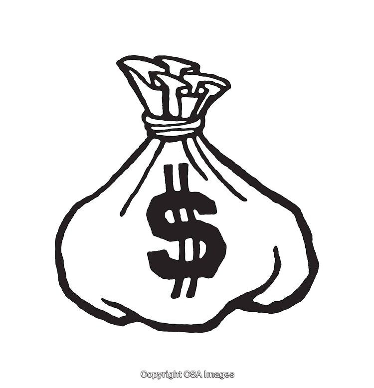 Black and White Line Drawing of a Money Bag with Dollar Sign