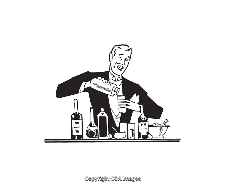 Bartender Mixing Drinks Behind the Bar in an Illustrated Line Art Style